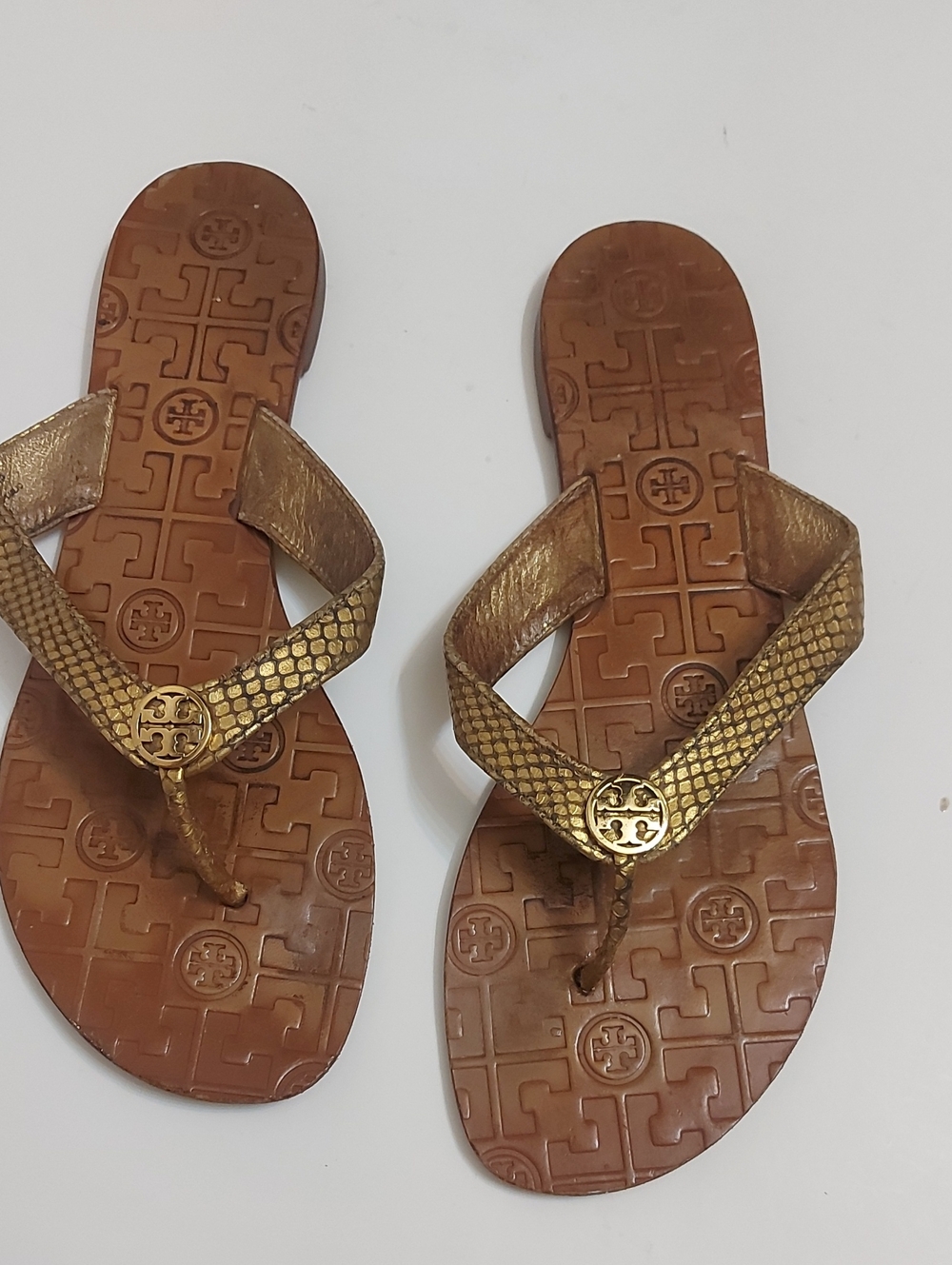Tory Burch Gold Snake-Texture Thong Sandals with Logo Medallion